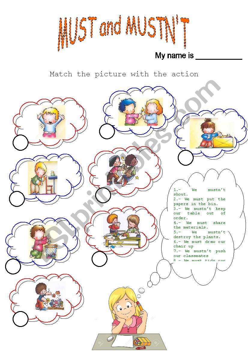 Must and musnÂ´t with actions worksheet