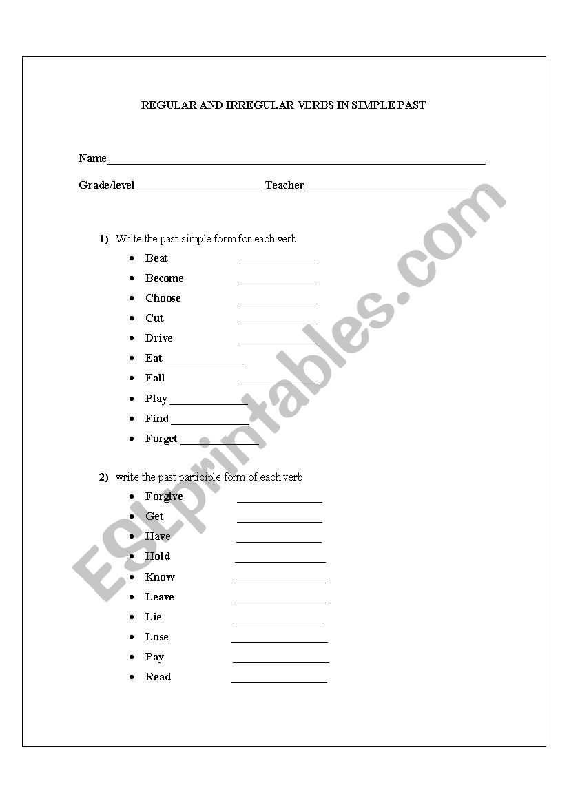 Regular and Irregular Verbs worksheet