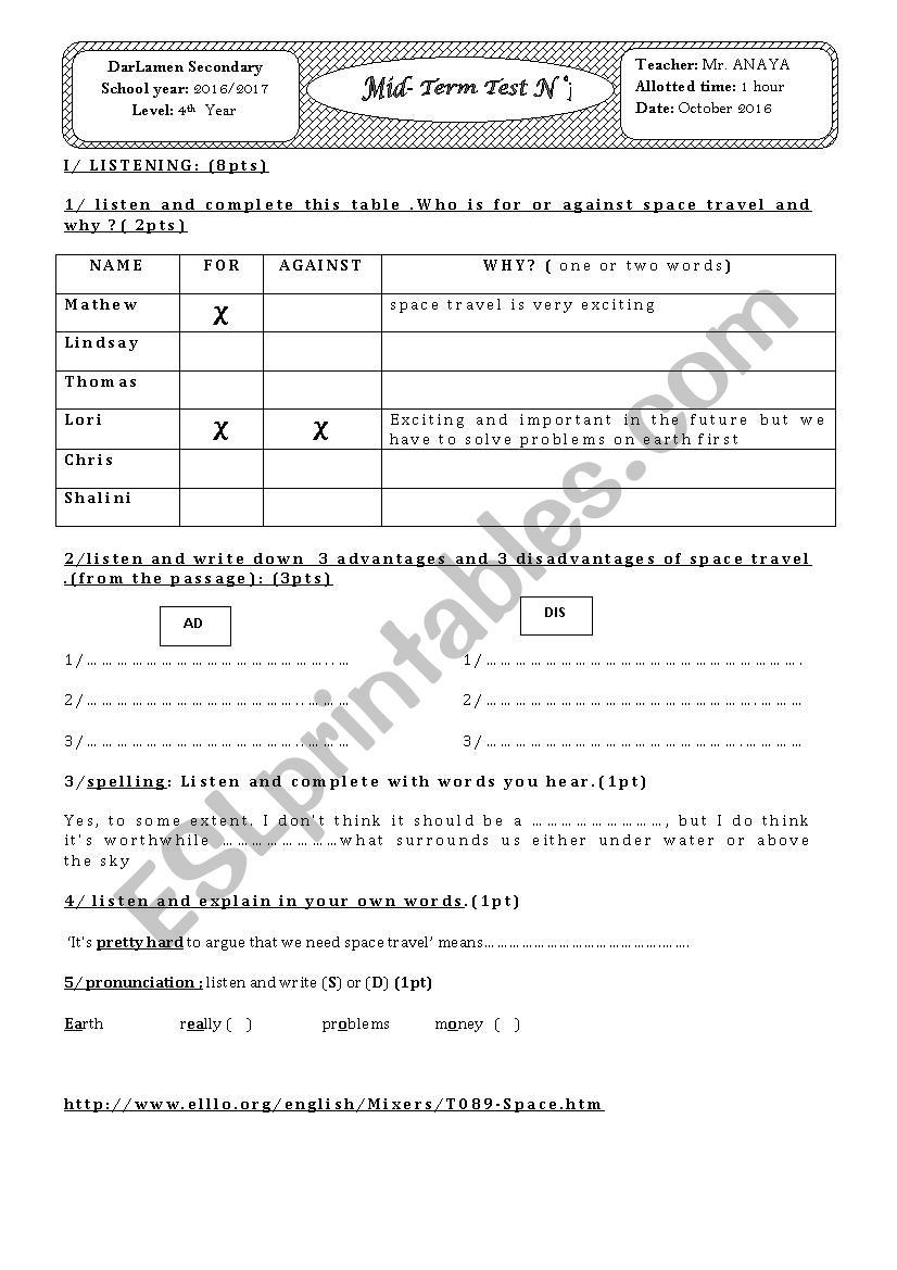 mid- term test 1 4th year worksheet