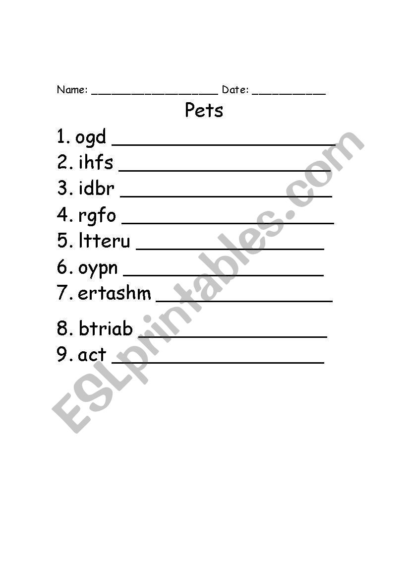 pets worksheet