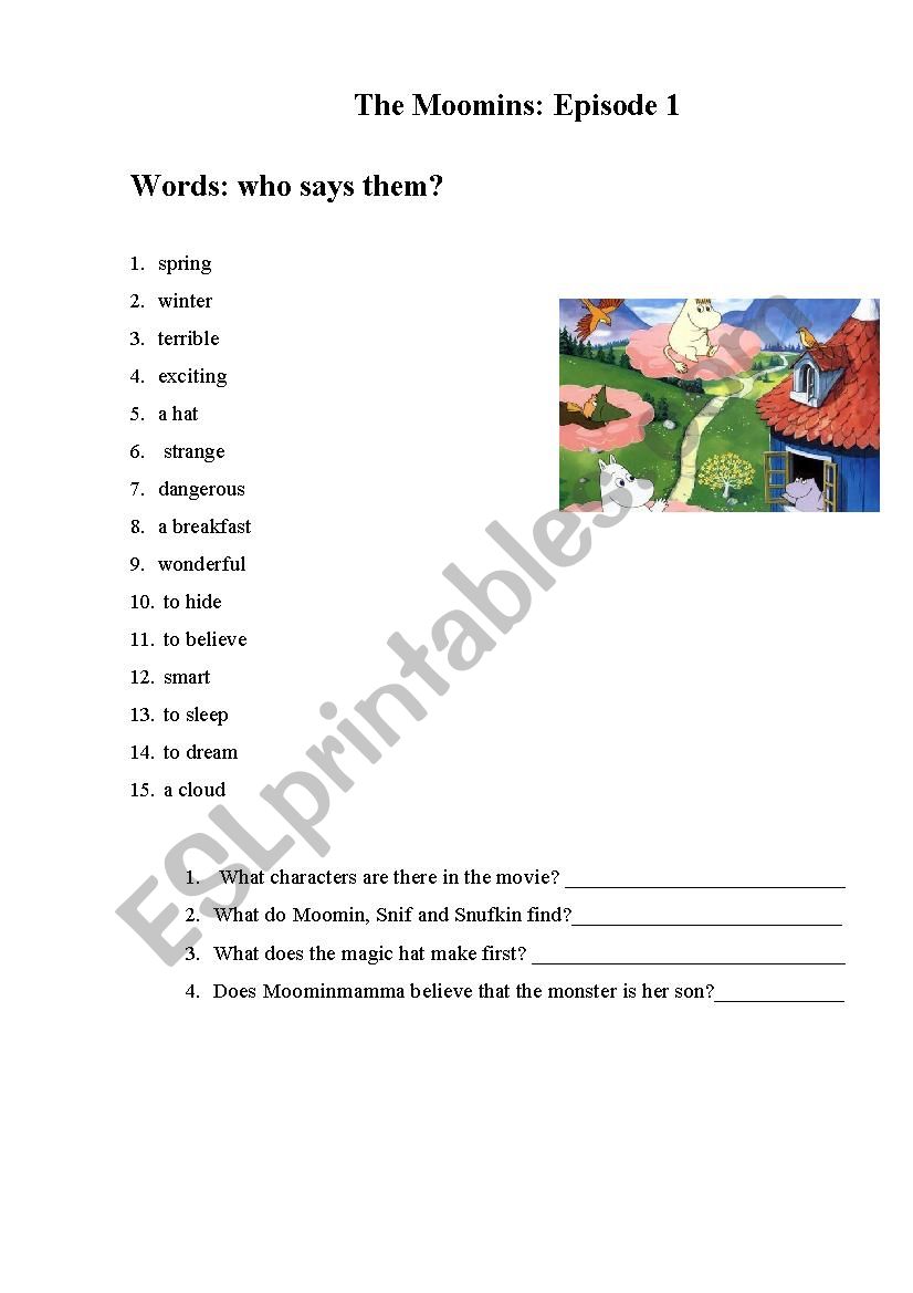 The Moomins episode 1 worksheet