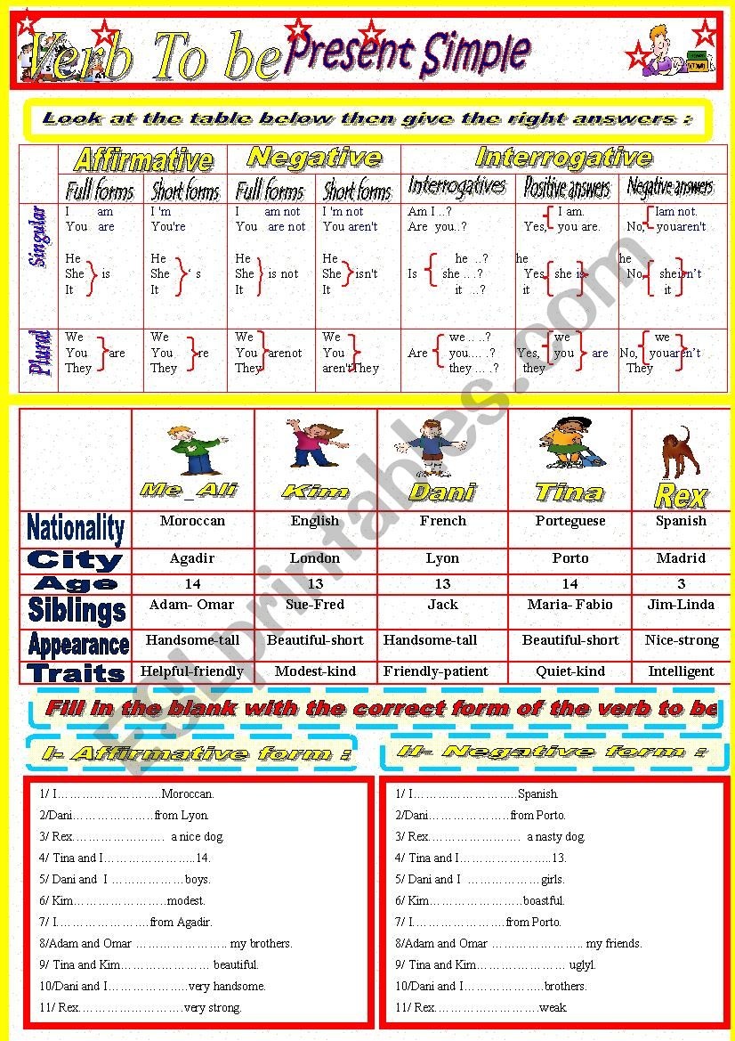 Verb To Be Affirmative Negative And Interrogative Worksheets