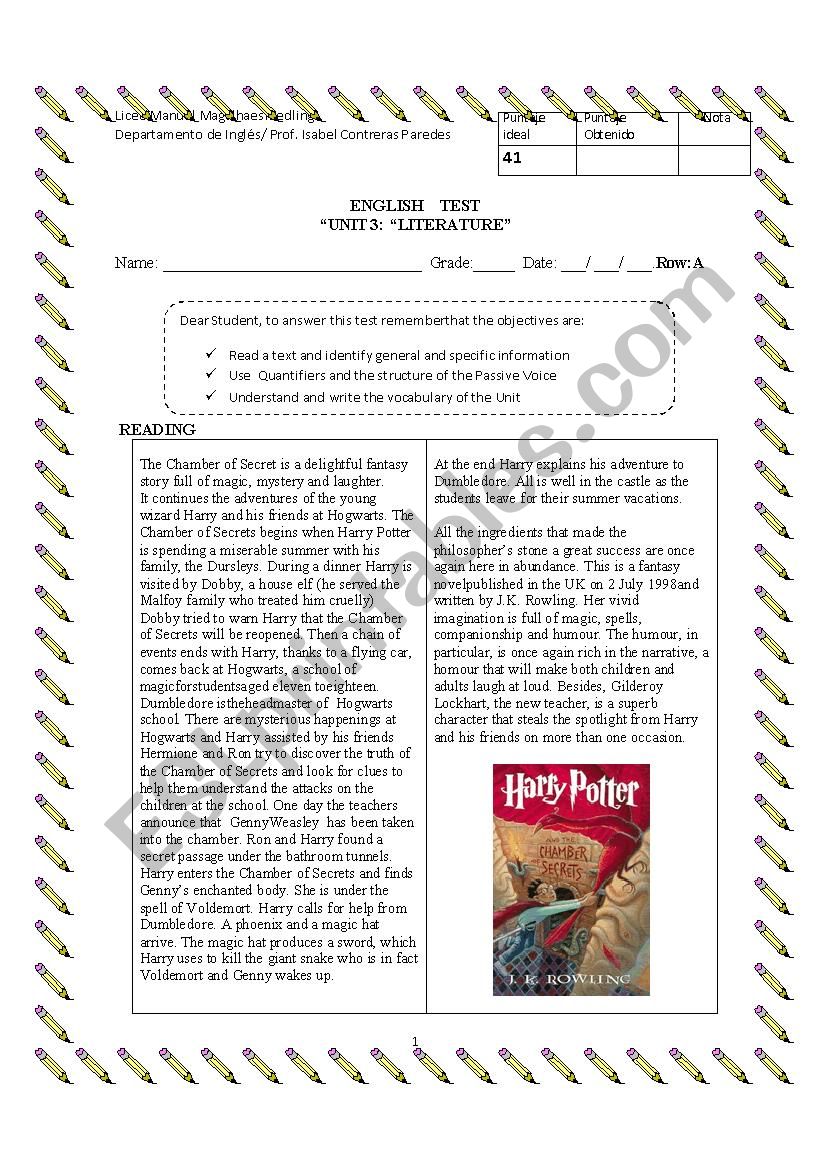 Test Literature Unit worksheet