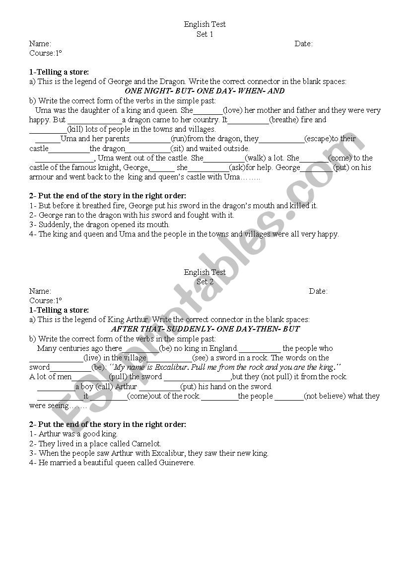 English test Telling a Story worksheet