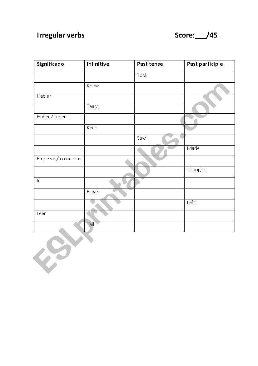 Irregular verbs test  worksheet