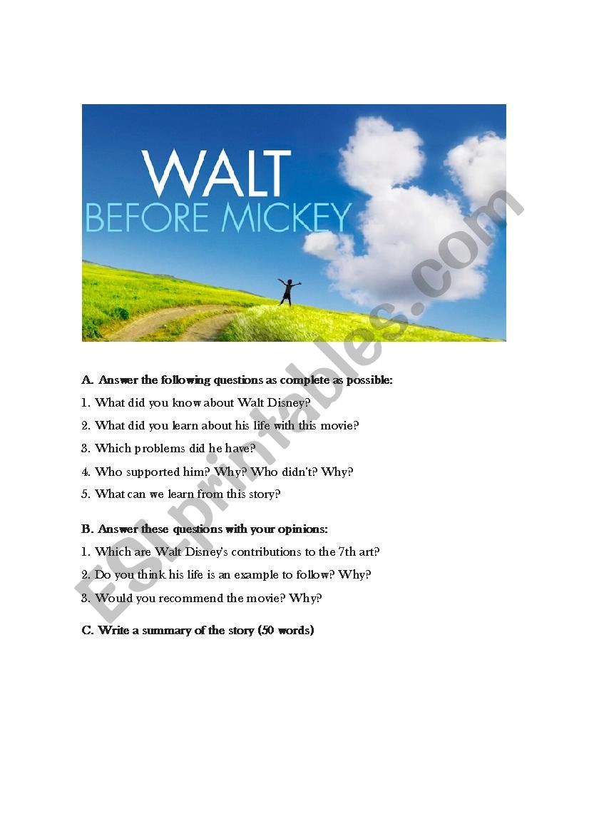 Walt before Mickey worksheet