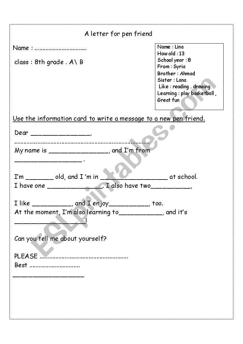 a letter to pen friend  worksheet