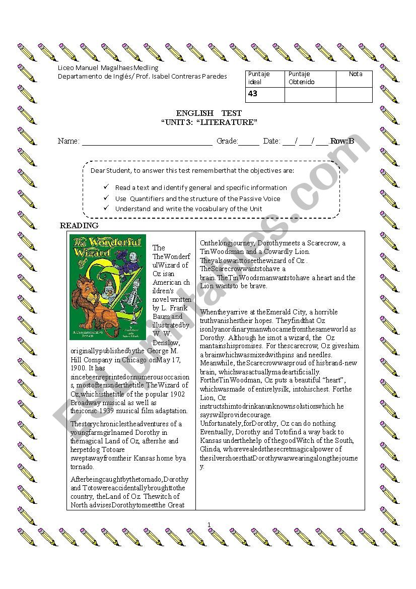 Test Literature Unit worksheet