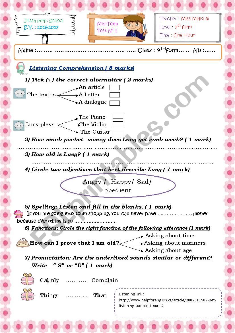 9th form Mid term test n°1 2016-2017