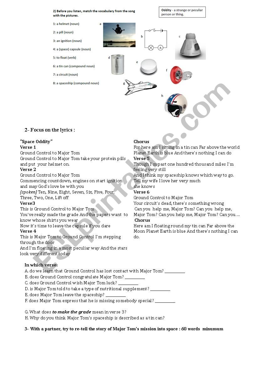 Space Oddity David Bowie worksheet