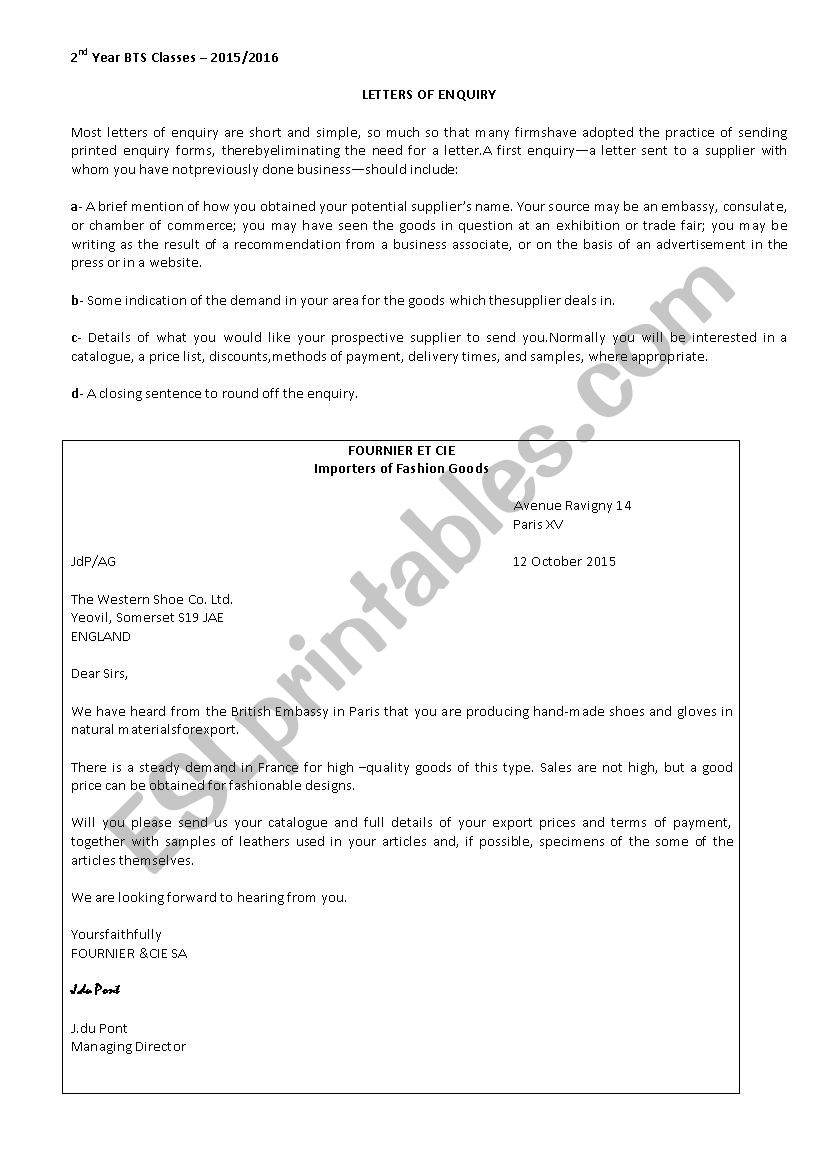 Letters of Enquiry worksheet