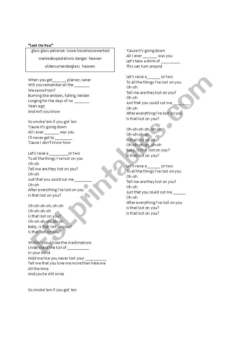 LP - LOST ON YOU SONG WORKSHEET