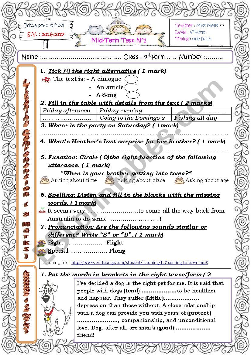 9th form Mid term test n1   tunisian pupils