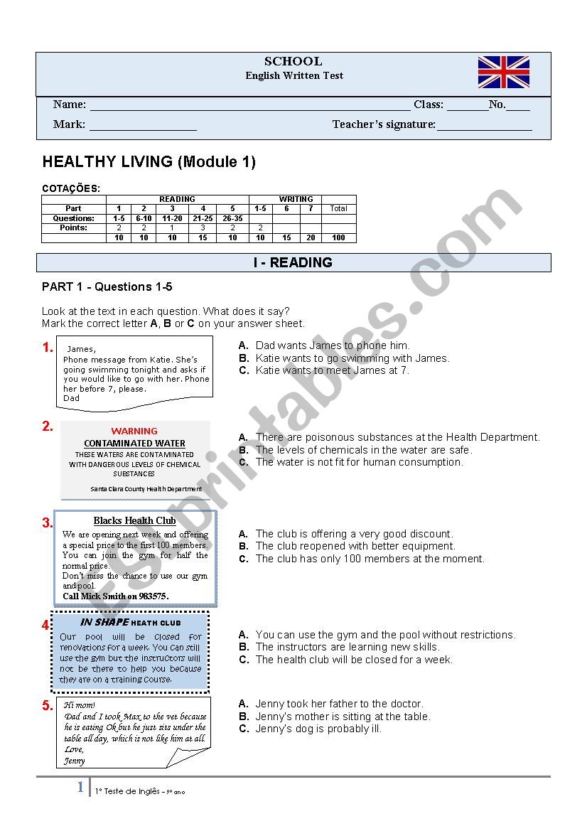 PET test - Healthy Living worksheet