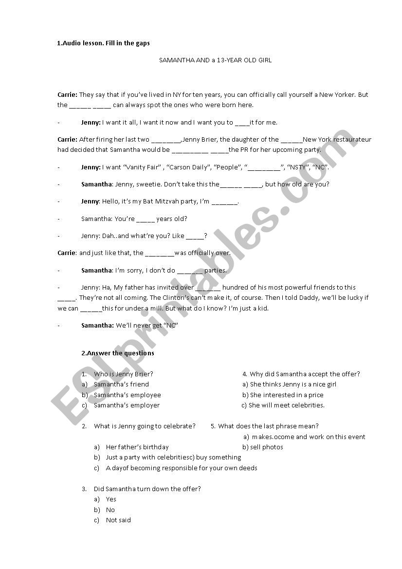 Sex and the city Audio lesson worksheet