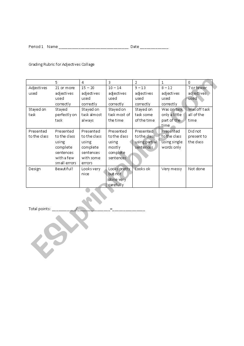 Adjective Collage Rubric worksheet