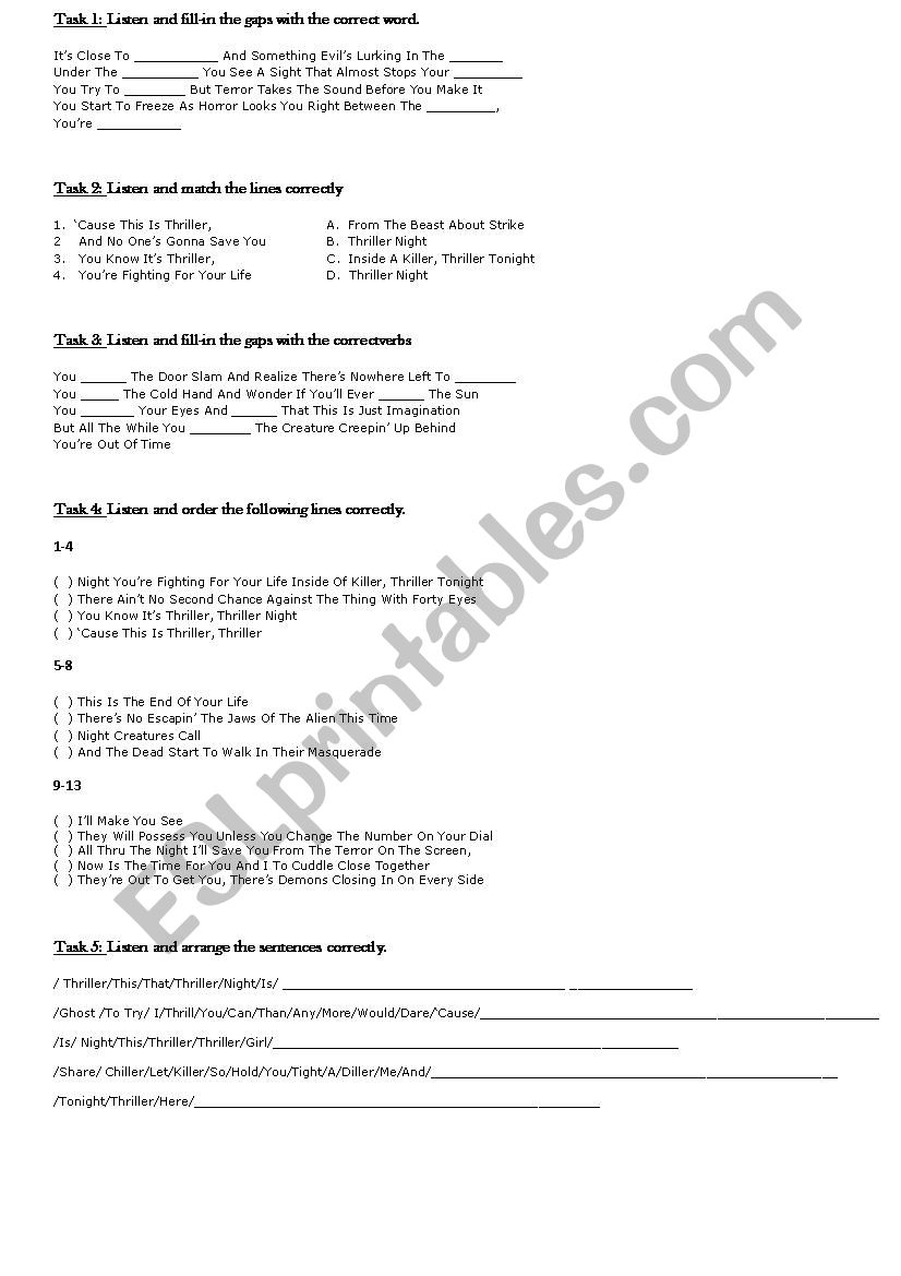 THRILLER by MICHAEL JACKSON worksheet