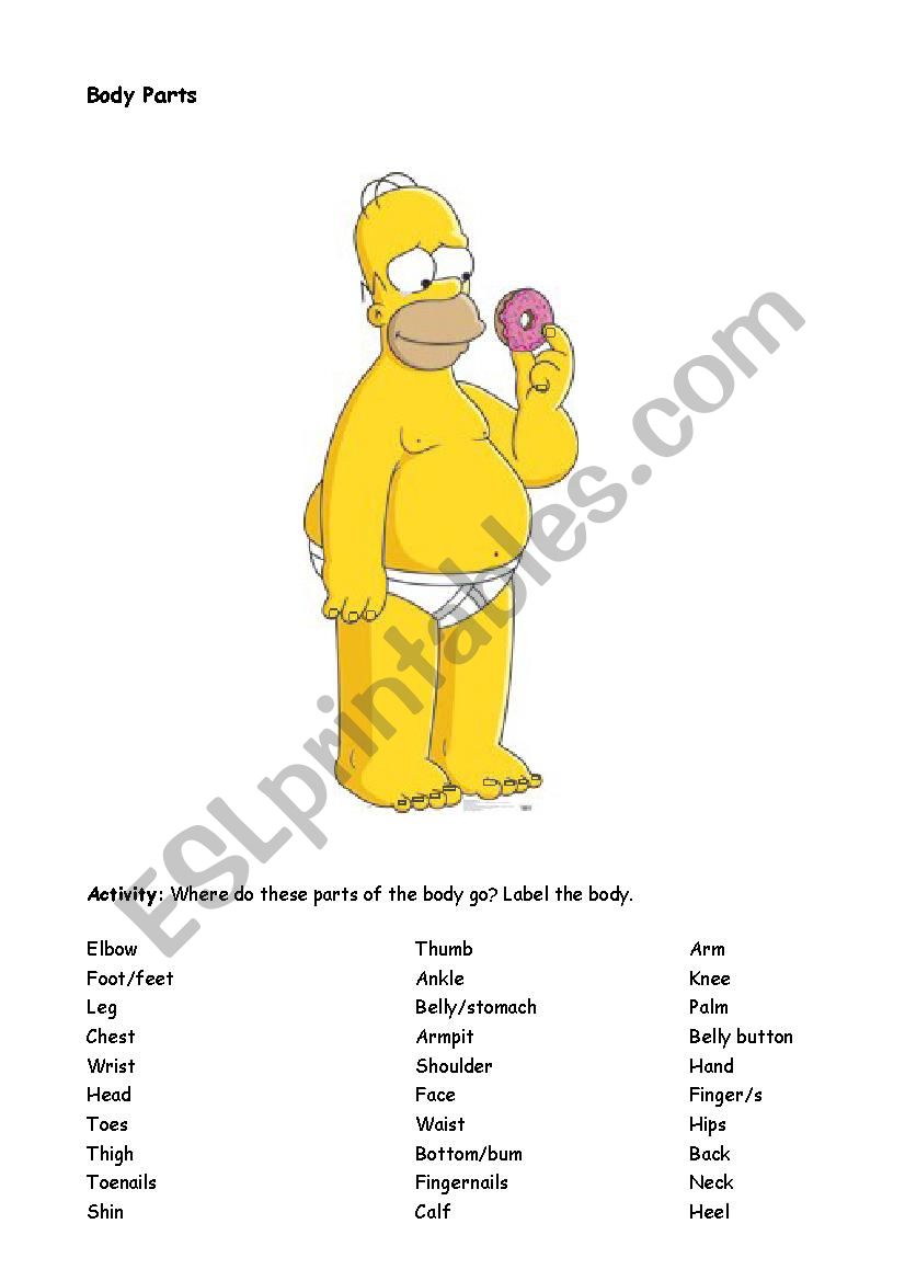 Body parts Homer worksheet
