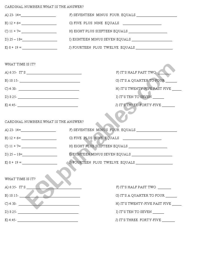 CARDINAL NUMBERS - THE TIME worksheet