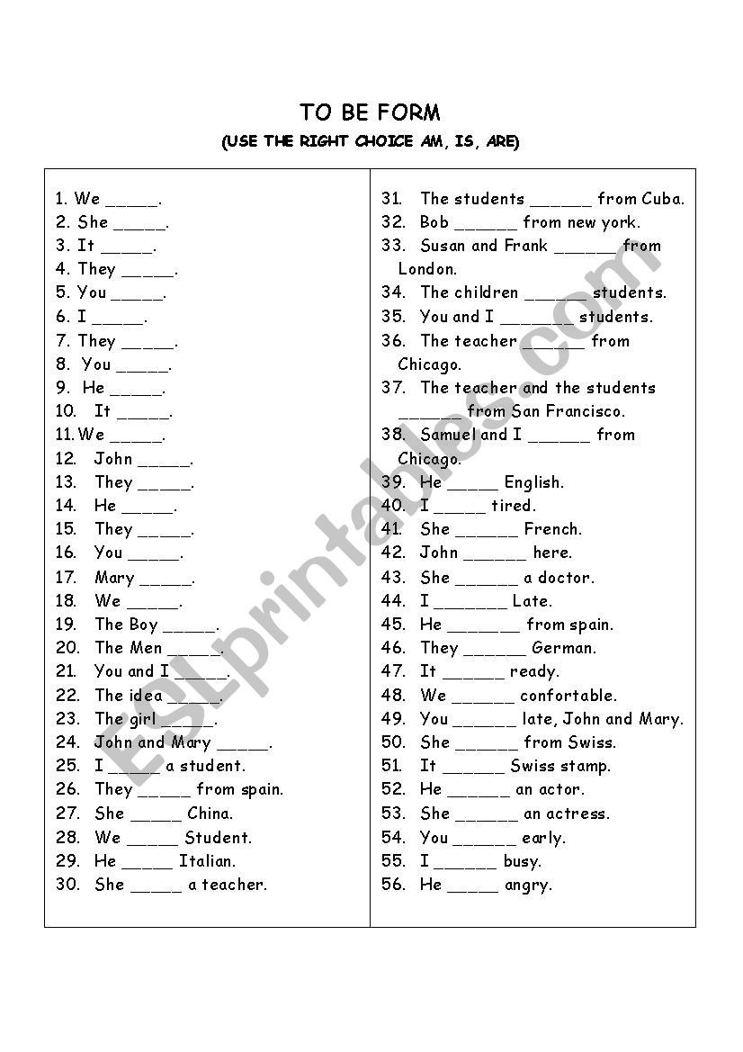 TO BE FORM worksheet