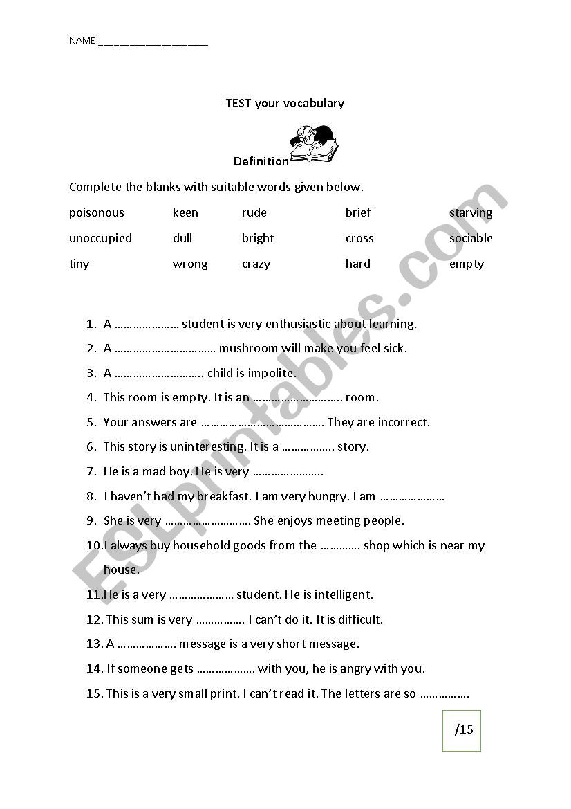 Definition (Vocabulary) worksheet