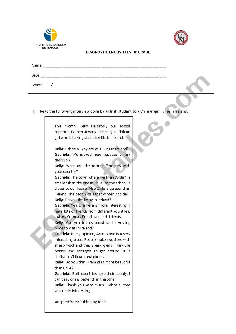 Diagnostic test worksheet