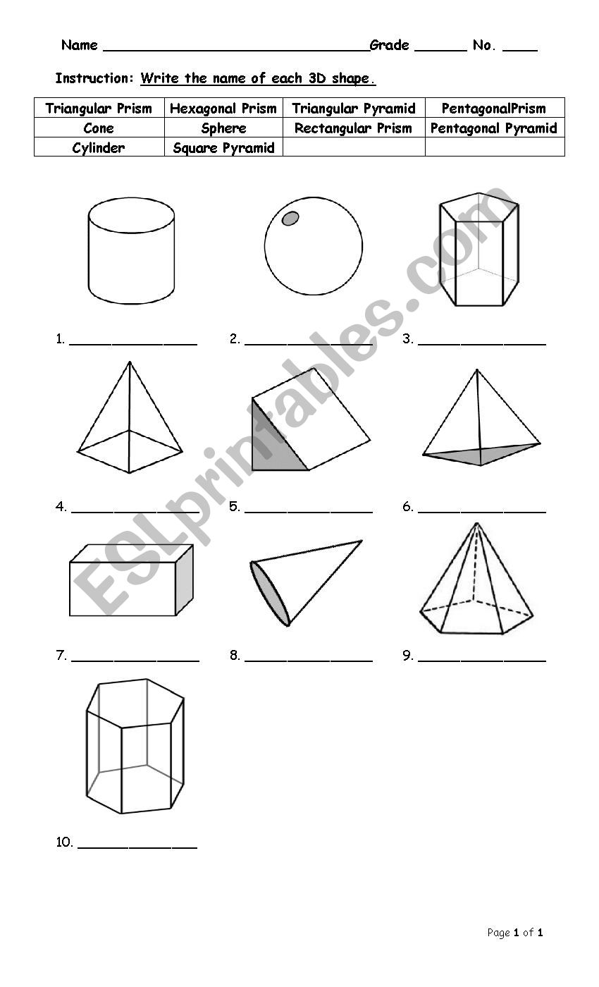 3D shapes worksheet