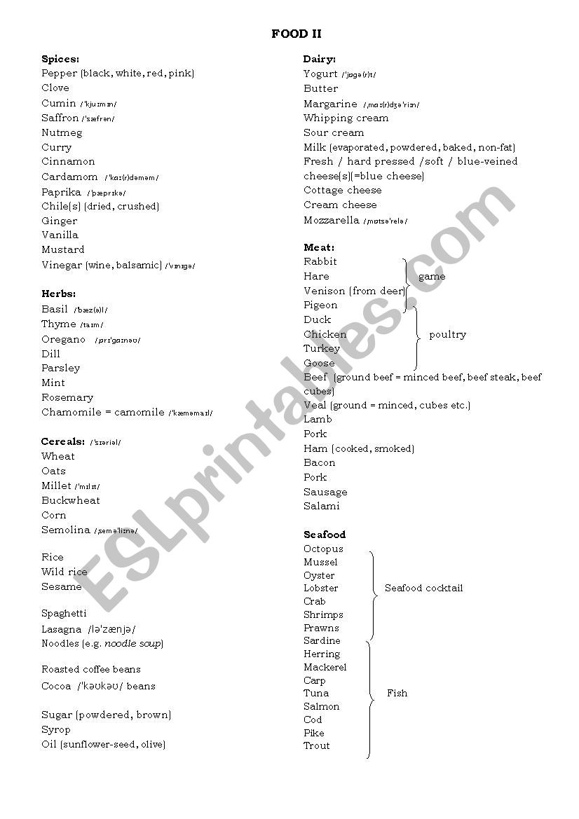 Food vocabulary (Spices, Herbs, Cereals, Dairy, Meat, Seafood)