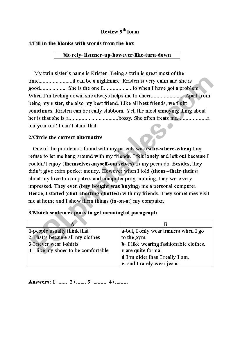 review 9th form worksheet