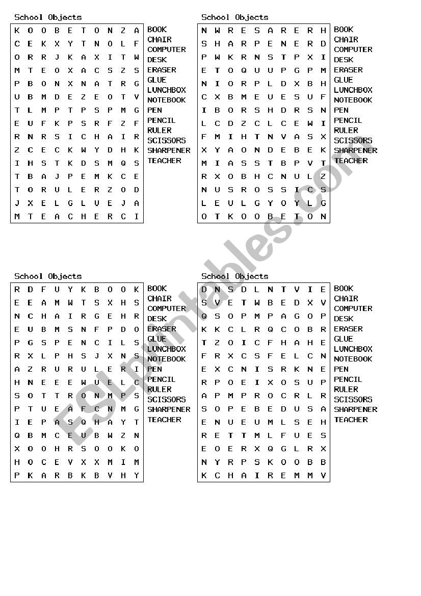 wordsearch school objects 7 pgs  28 in total