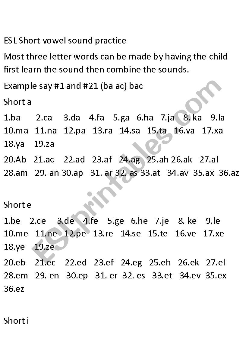 Short vowel sounds worksheet