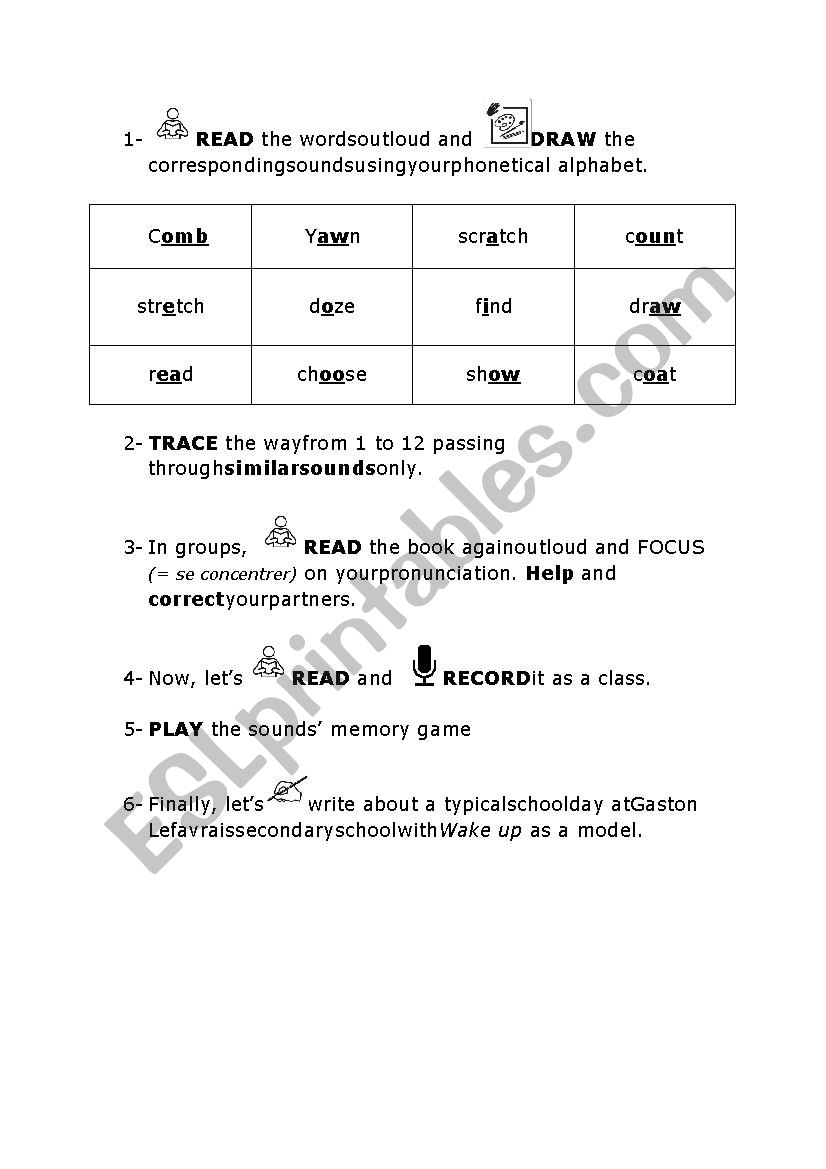 Pronunciation - Book Wake up worksheet