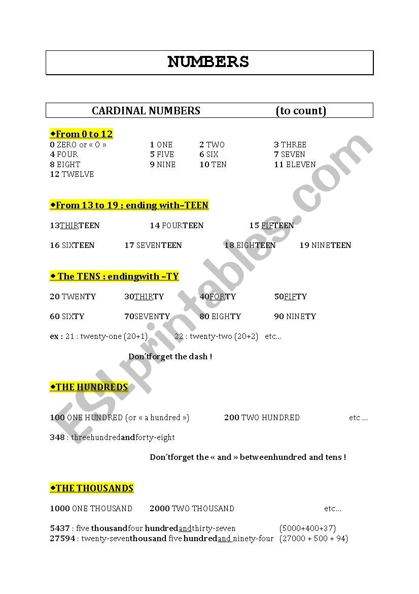 NUMBERS worksheet