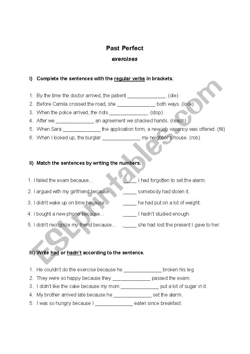 Past Perfect exercises worksheet