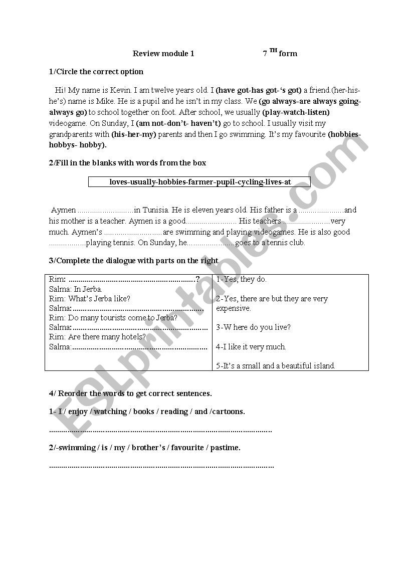 review 7th form worksheet