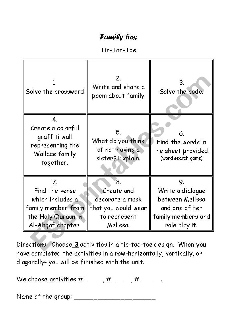 tic tac toe worksheet