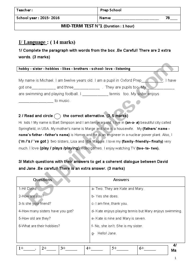 Mid term test1 7th form worksheet