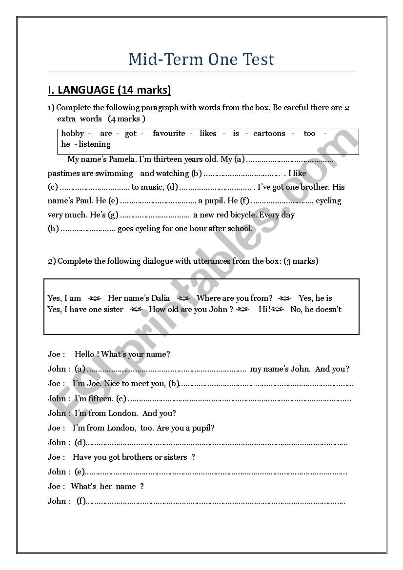 Mid-Term One English Test worksheet