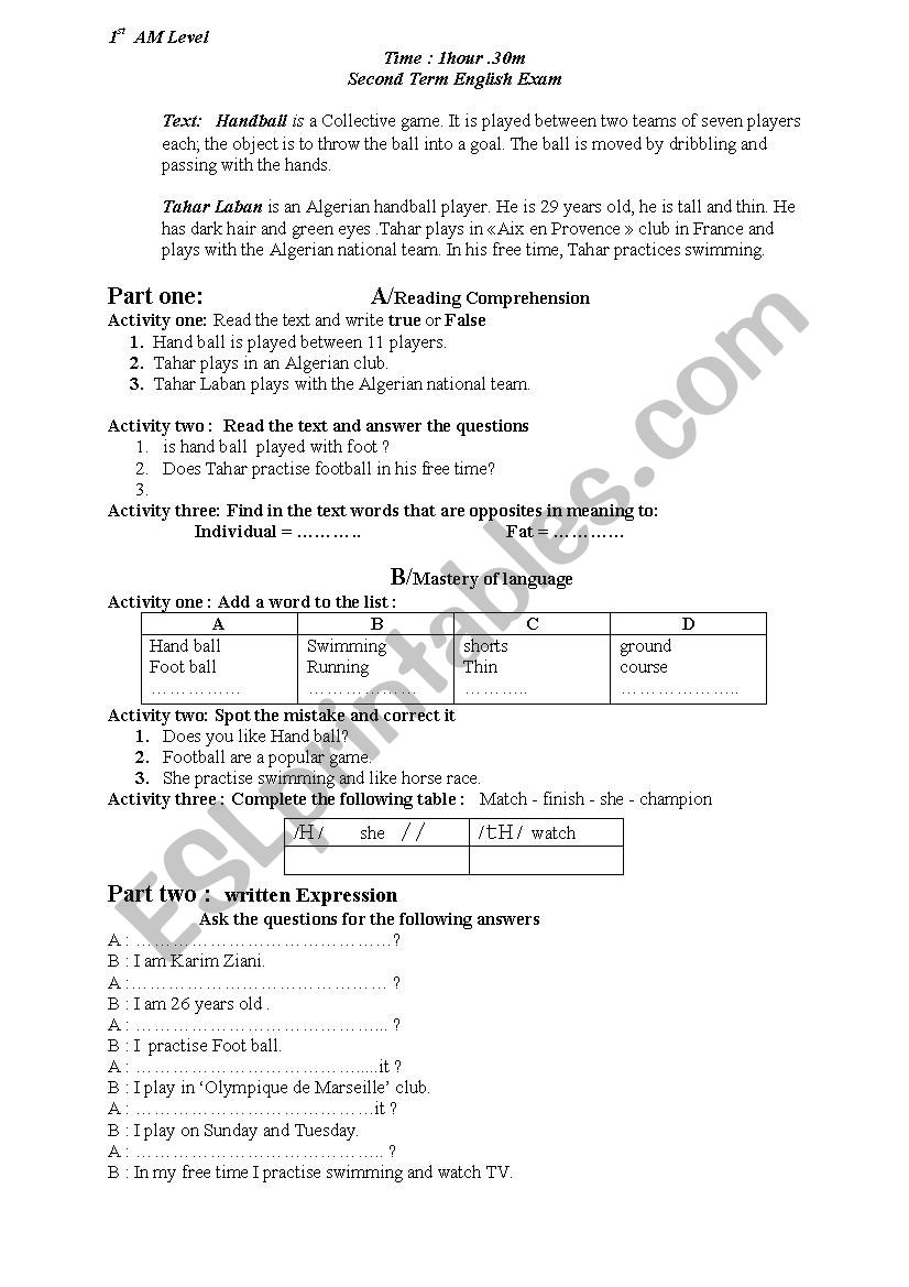 EXAM1 AM ENGISH FIRST TERM MIDDLE SCHOOL