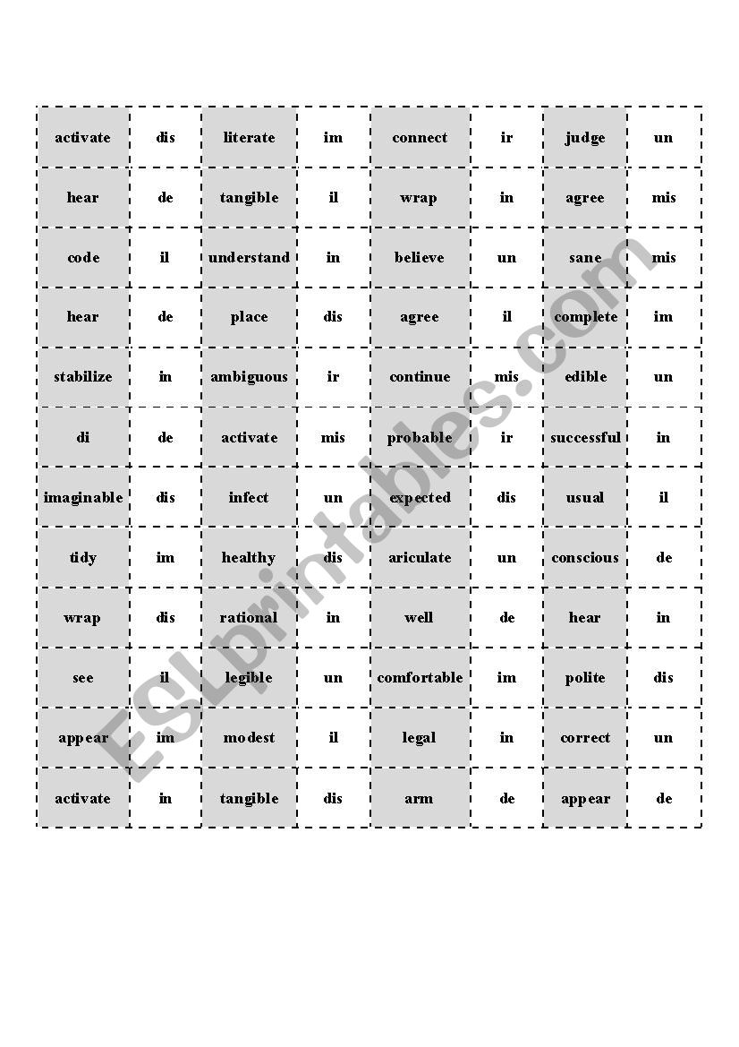 negative prefixes domino worksheet