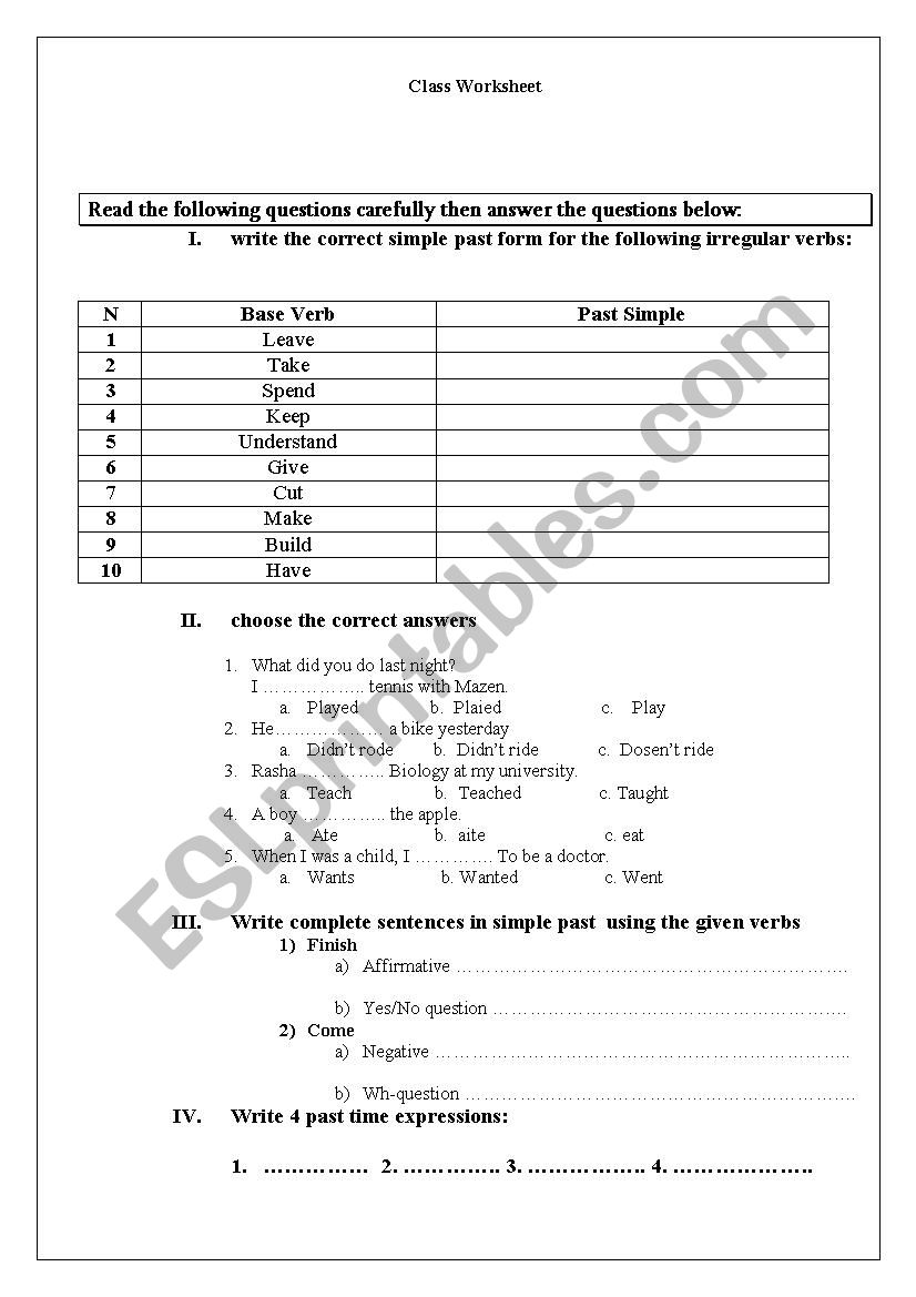 Irregular verb quiz worksheet