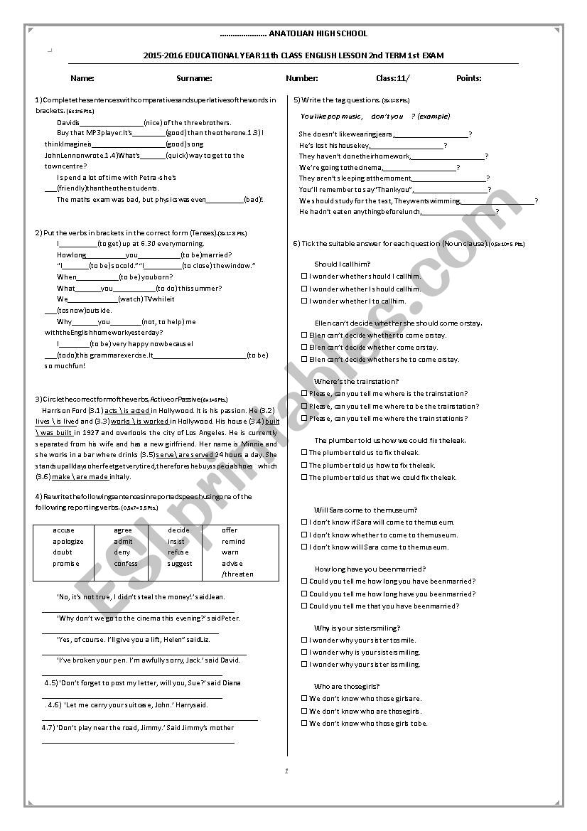 grammar exam worksheet