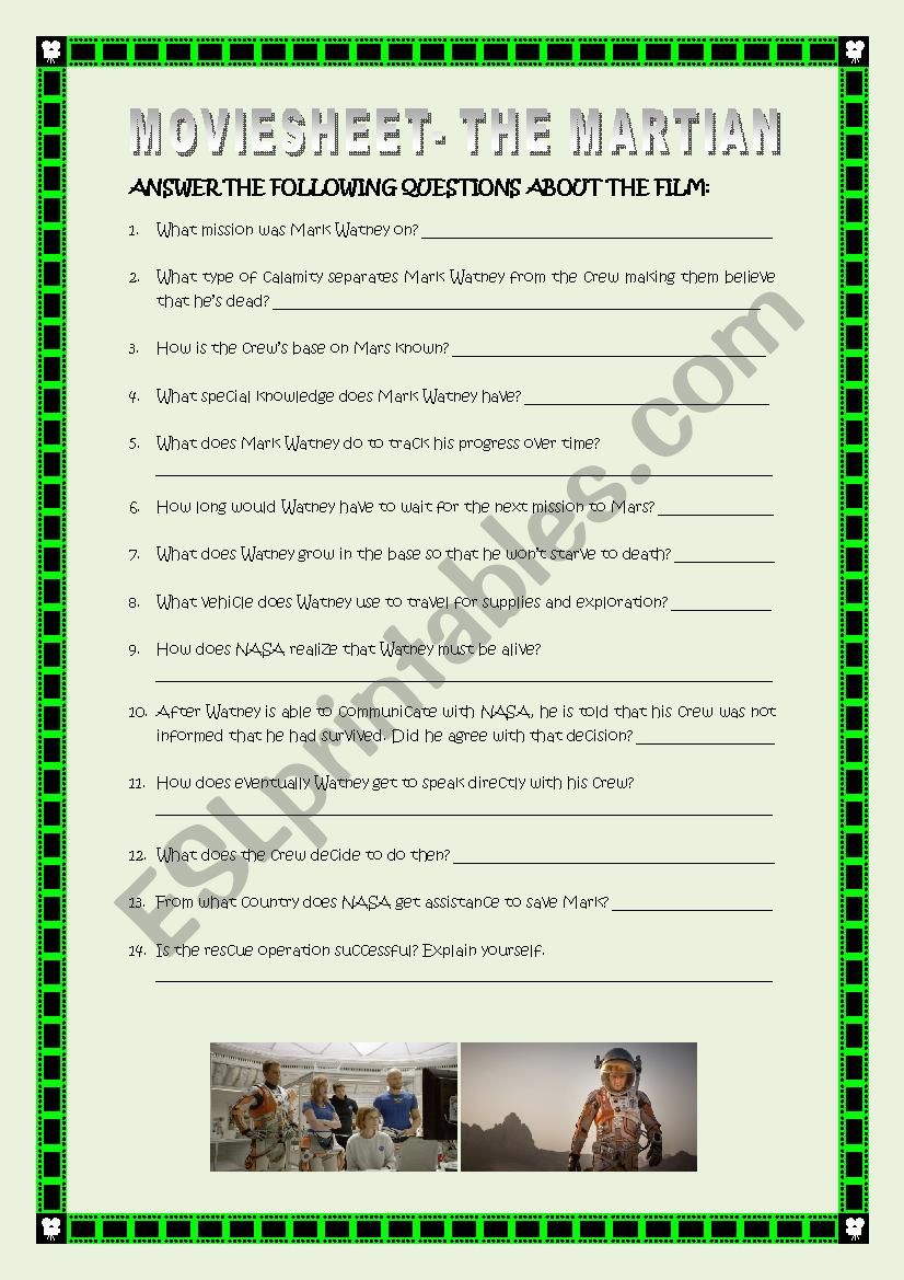 Moviesheet - The Martian (with key) - ESL worksheet by pilarnavarro Within The Martian Movie Worksheet