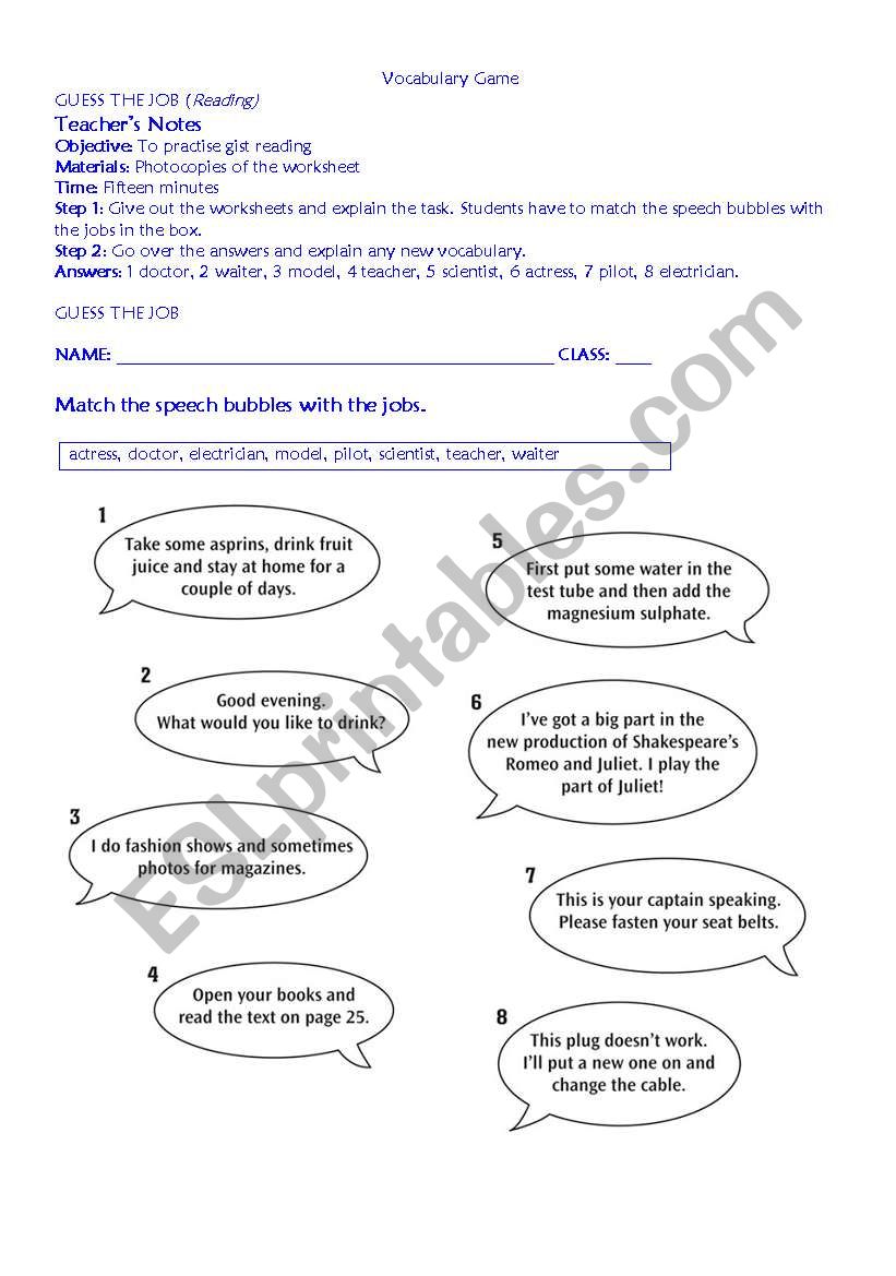 Guess the Job worksheet