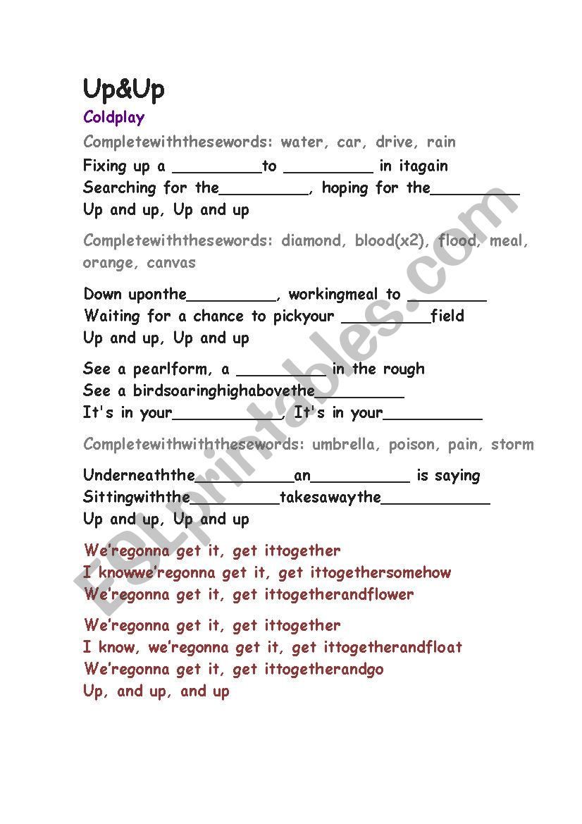 Up and up (Coldplay) worksheet