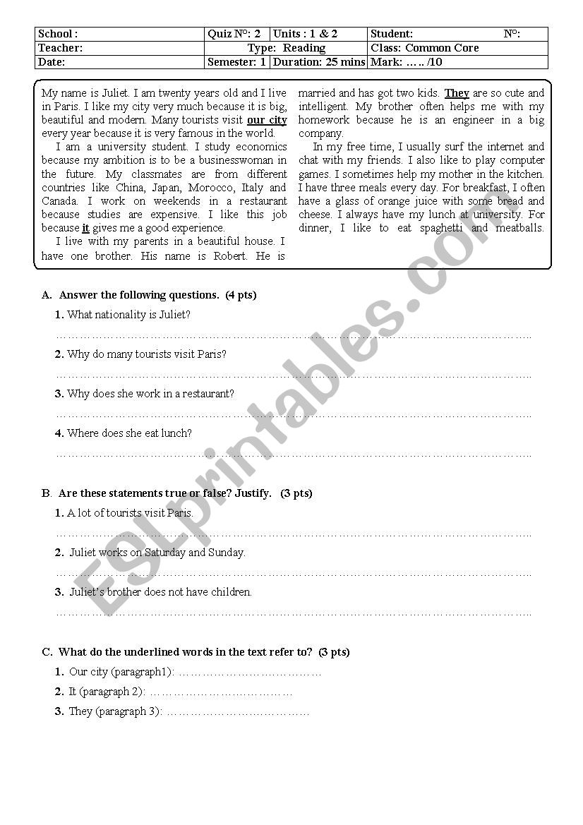 reading comprehension test worksheet