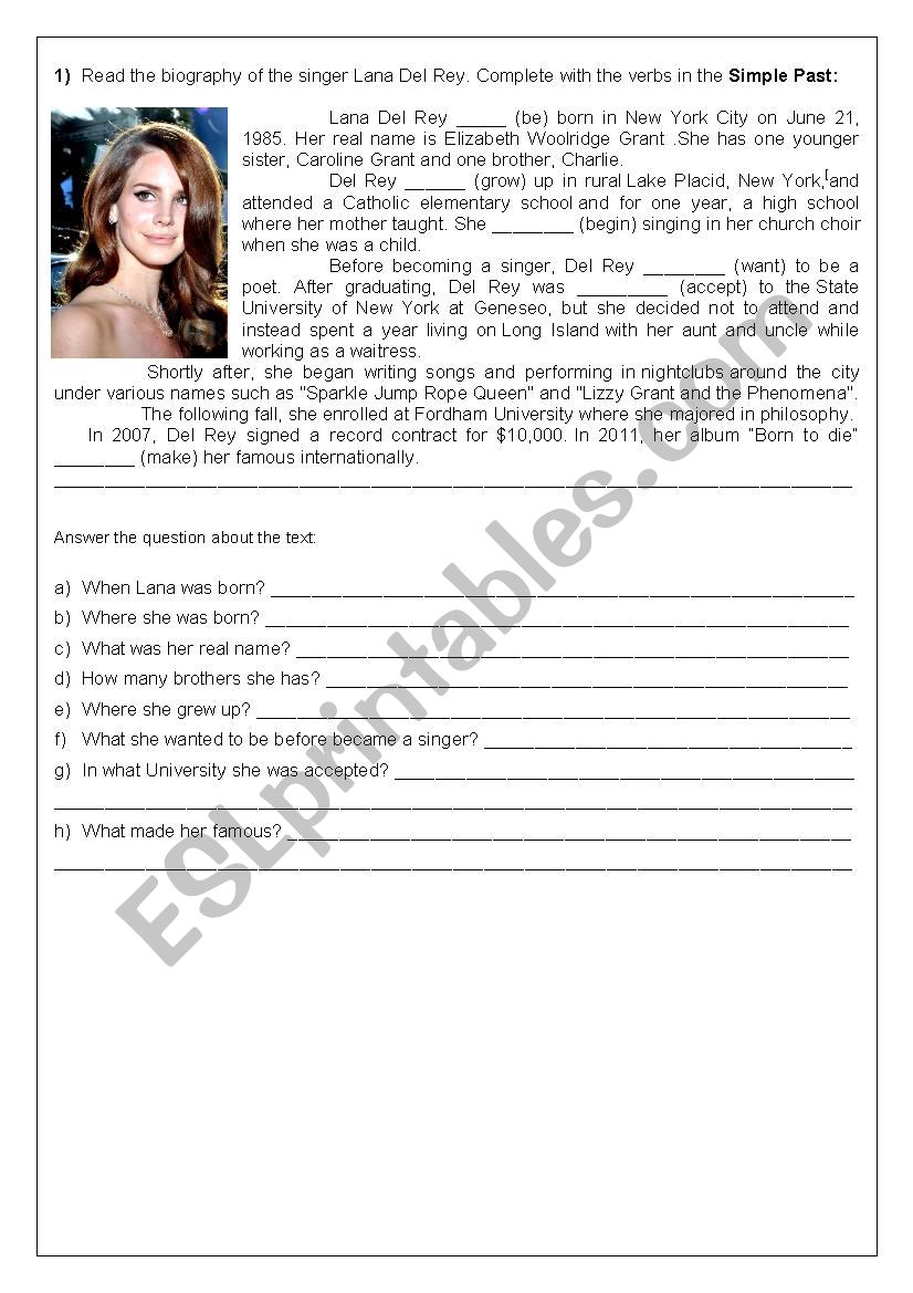 Lana Del Rey Biography worksheet