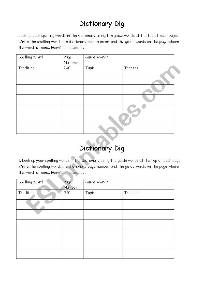 Dictionary Dig worksheet