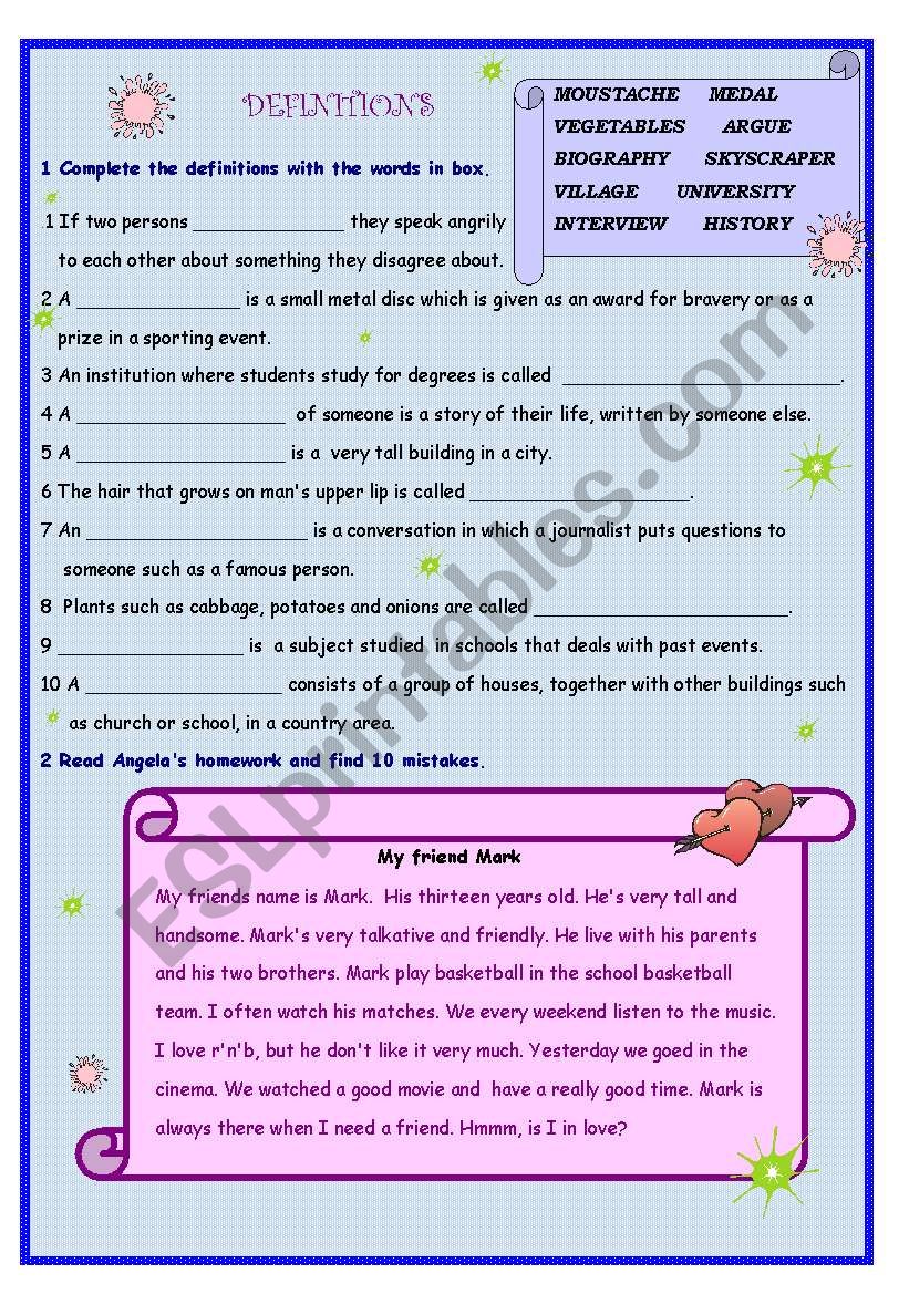 definitions worksheet