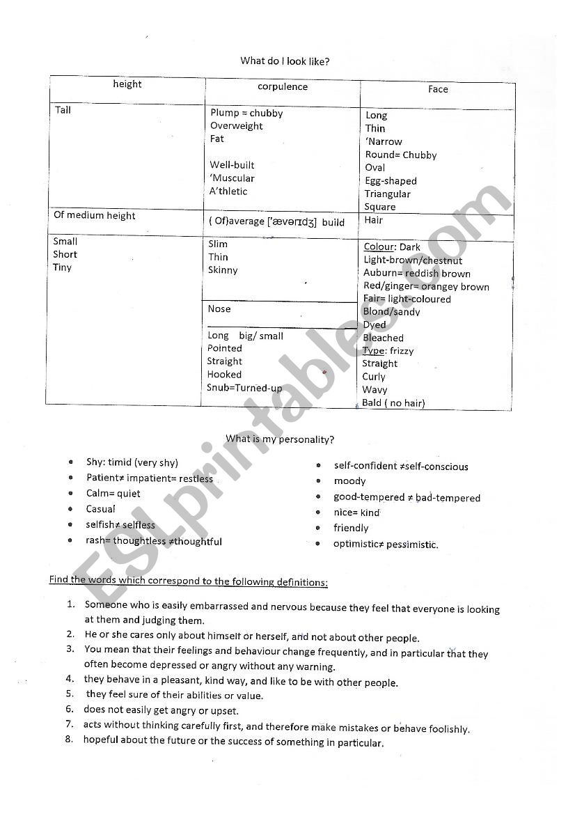 description worksheet